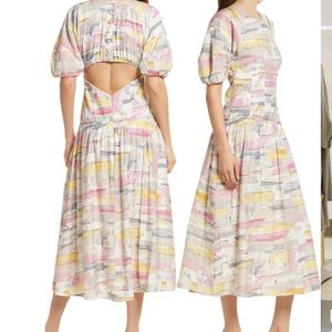 NWT 80s Moon River Anthropologie Watercolor Print Balloon Sleeve Maxi Dress